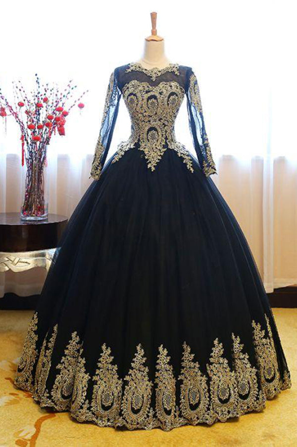 Black Ball Gown Long Sleeves Party Dress, Princess Tulle Prom Dress with Lace Appliques