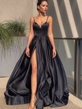 Black A-Line Satin Spaghetti Straps Long Prom Dresses OK1858