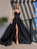 Black A-Line Satin Spaghetti Straps Long Prom Dresses OK1858