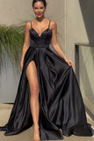 Black A-Line Satin Spaghetti Straps Long Prom Dresses OK1858