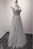 Silver A Line Jewel Sleeveless Organza Prom Dresses with Sequins Crystals N861