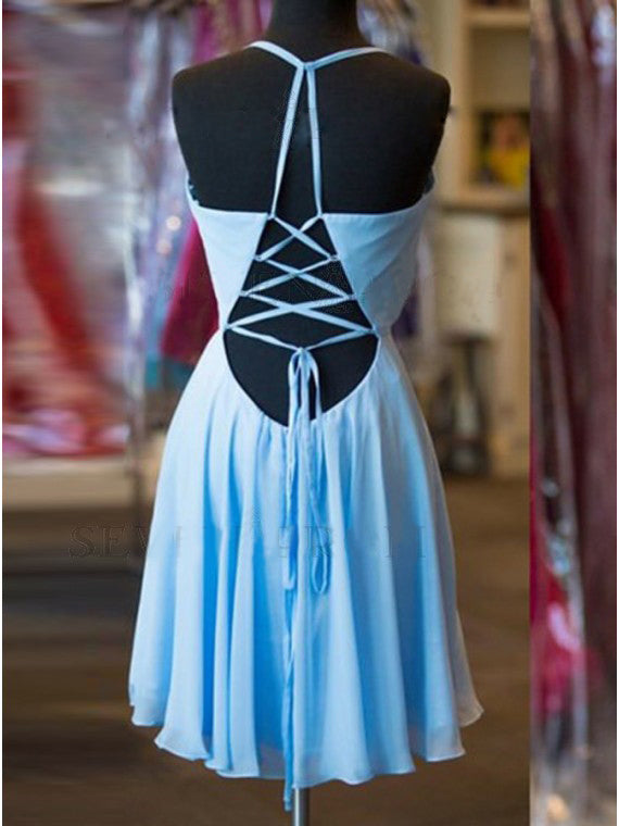 A Line Halter Criss-Cross Straps Blue Chiffon Homecoming Dress with Pleats