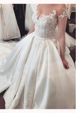 Fascinating Satin Sheer Neckline Ball Gown Wedding Dresses With Appliques Bowknot N1381