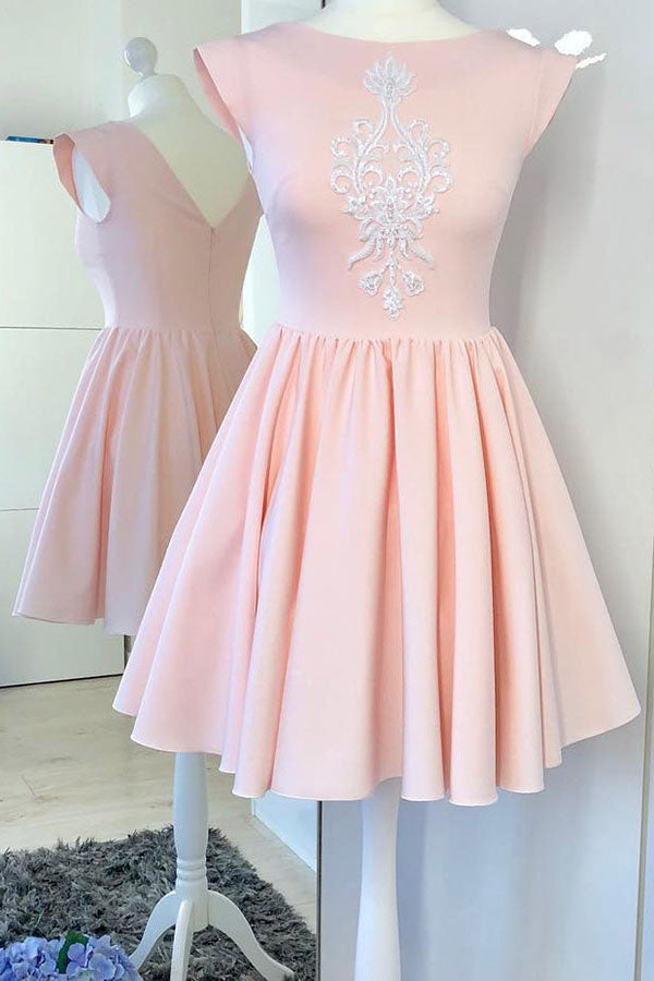 Mini Pink Cap Sleeve Satin Prom Dress with Appliques, A Line Ruched Homecoming Dress