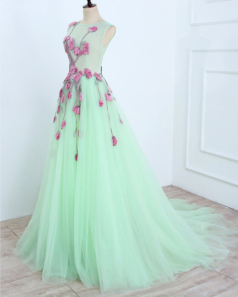 A Line Mint Green Sleeveless Tulle Prom Dresses with Flower Appliques N1465
