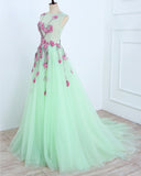 A Line Mint Green Sleeveless Tulle Prom Dresses with Flower Appliques N1465