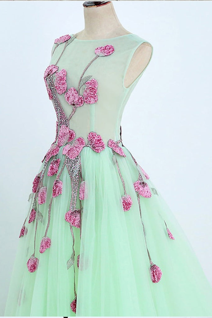 A Line Mint Green Sleeveless Tulle Prom Dresses with Flower Appliques N1465