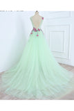 A Line Mint Green Sleeveless Tulle Prom Dresses with Flower Appliques N1465