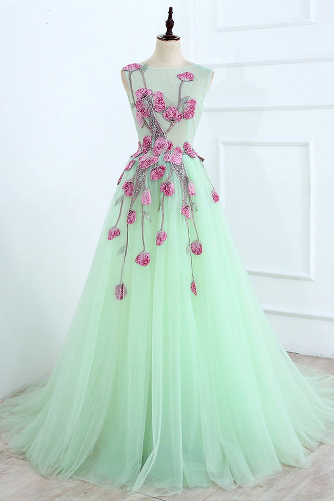 A Line Mint Green Sleeveless Tulle Prom Dresses with Flower Appliques N1465