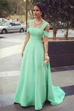 Mint Green Straps Sweep Train Prom Dress, Simple A Line Long Evening Dresses
