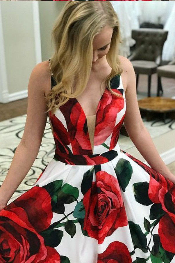 New Red Floral Prom Dresses Deep V-Neck Sweep Train Printed Prom Dresses N1246