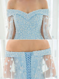 Light Sky Blue Off-the-shoulder Sweep Train Tulle Prom Dresses with Appliques N1253
