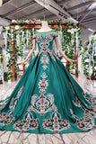 Green Ball Gown Appliqued Prom Dress with Short Sleeves Long Quinceanera Dress with Beading N1640