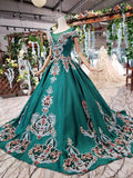 Green Ball Gown Appliqued Prom Dresses with Short Sleeves Long Quinceanera Dresses with Beading N1640