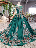 Green Ball Gown Appliqued Prom Dresses with Short Sleeves Long Quinceanera Dresses with Beading N1640