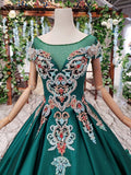 Green Ball Gown Appliqued Prom Dresses with Short Sleeves Long Quinceanera Dresses with Beading N1640