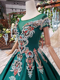 Green Ball Gown Appliqued Prom Dresses with Short Sleeves Long Quinceanera Dresses with Beading N1640