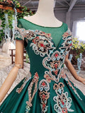 Green Ball Gown Appliqued Prom Dresses with Short Sleeves Long Quinceanera Dresses with Beading N1640