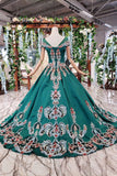 Green Ball Gown Appliqued Prom Dresses with Short Sleeves Long Quinceanera Dresses with Beading N1640