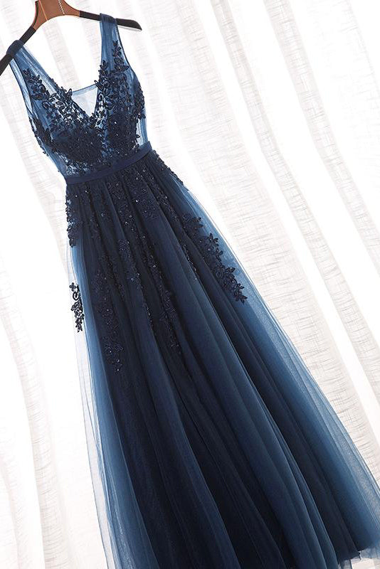 A Line V Neck Sleeveless Appliques Prom Dresses with Beads Floor Length Tulle Evening Dresses N1385