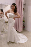 Plus Size White Mermaid Strapless Sweep Train Satin Prom Dress with Belt,Formal Dress,N444