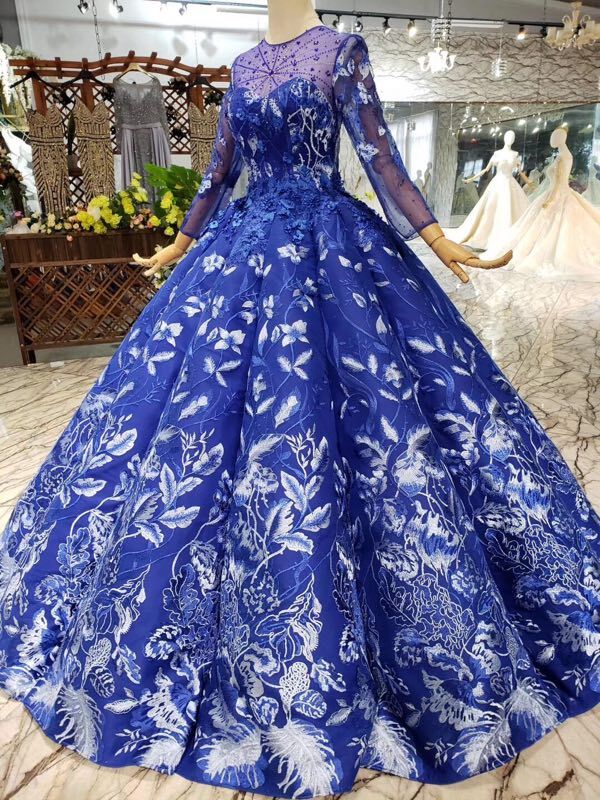 Blue Ball Gown Floral Prom Dresses with Long Sleeves Appliqued Long Quinceanera Dresses N1638