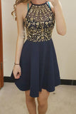 Navy Blue Sleeveless Short Homecoming Dresses with Rhinestones N880