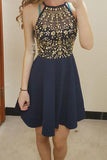 Navy Blue Sleeveless Short Homecoming Dress, Cute Mini Prom Dress with Rhinestones