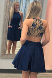 Navy Blue Satin Beaded Homecoming Dresses with Pockets