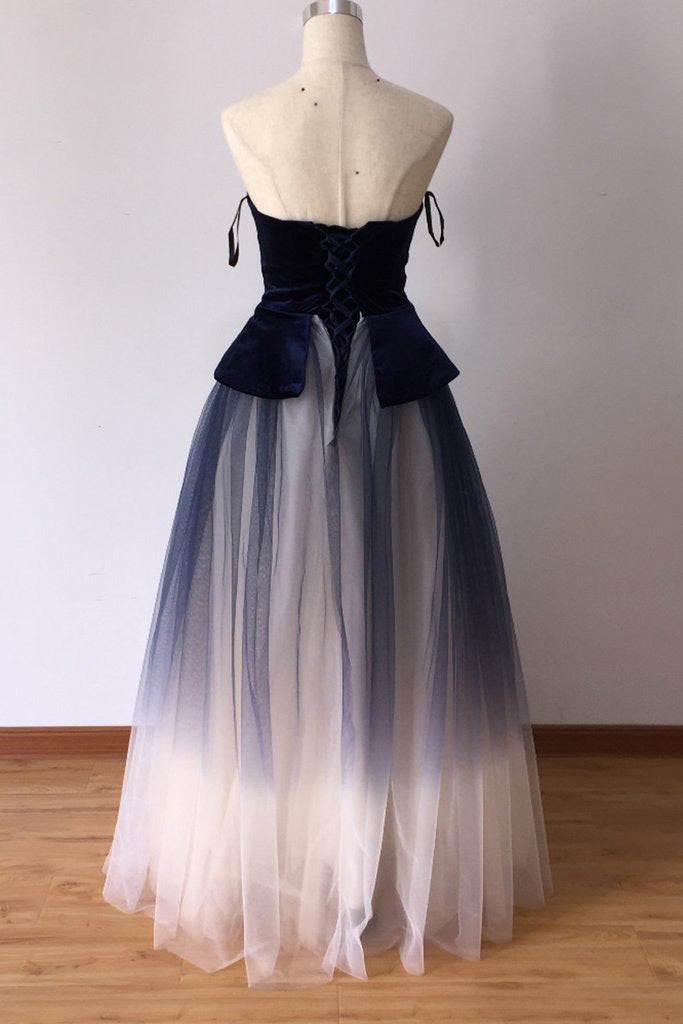 Ombre Blue Tulle Long Prom Dresses New Style Strapless Long Evening Dresses N1661