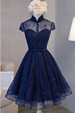 A Line Cap Sleeve Lace Homecoming Dress, High Neck Knee Length Prom Dres