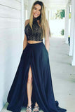 Navy Blue High Neck Prom Dress with Slit, Two Piece Sleeveless Cheap Formal Dresses