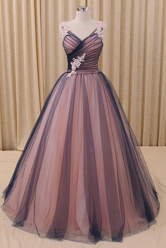 Ball Gown V Neck Dark Blue Tulle Prom Dress with Applique, Puffy Long Quinceanera Dress N1438