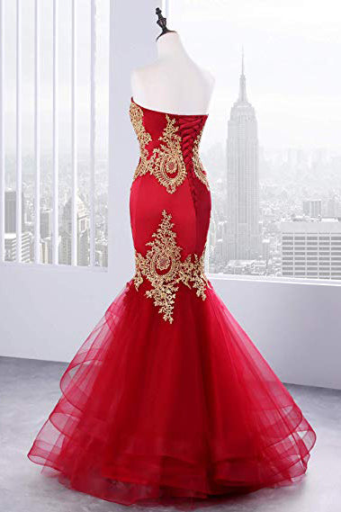 Floor Length Sweetheart Mermaid Red Prom Dresses Gold Appliqued Long Evening Dresses N1233