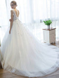 Ball Gown V-Neck Tulle Court Train Appliques Lace Backless Cap Sleeve Bridal Dresses N1265