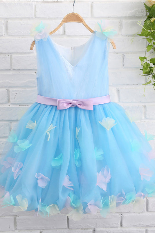 A Line V-Neck Sky Blue Tulle Flower Girl Dresses with Aplique Bow F060