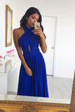 A Line Prom Gown Halter Royal Blue Chiffon Evening Dresses with Keyhole N1250