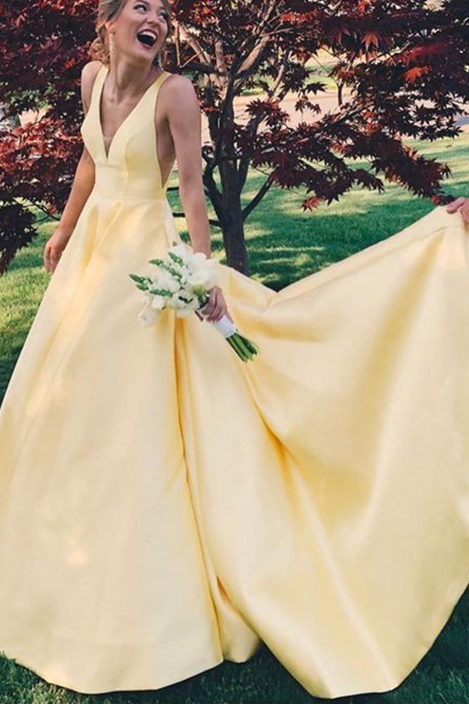 Elegant A Line Yellow V Neck Party Gown Senior Girls Prom Long Dresses with V Back N1345