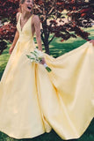 Elegant A Line Yellow V Neck Party Gown Senior Girls Prom Long Dresses with V Back N1345