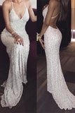 White Deep V neck Spaghetti Straps Sequin Mermaid Long Prom Dresses,Sexy Evening Dress,N405