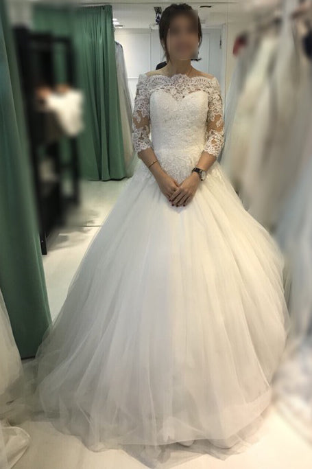 Ball Gown Ivory Off-the-shoulder 3/4 Sleeves Tulle Bridal Dress,Lace Beach Wedding Dress,N409