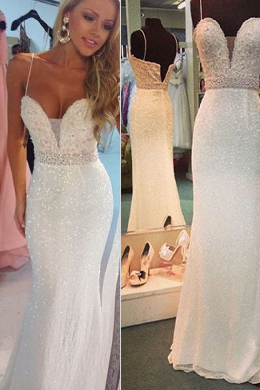 Sexy White Beaded Spaghetti Straps Mermaid Evening Party Dresses,Sparkly Prom Gown,N415