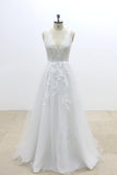 A Line V Neck Lace Appliqued Tulle Wedding Dress with V-Cut Back,Beach Wedding Dress N818