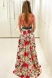 A Line Sleeveless Embroidery Long Evening Dress with Red Flowers N1408