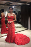 Red Strapless Trumpet Court Train Lace Evening Dresses N441