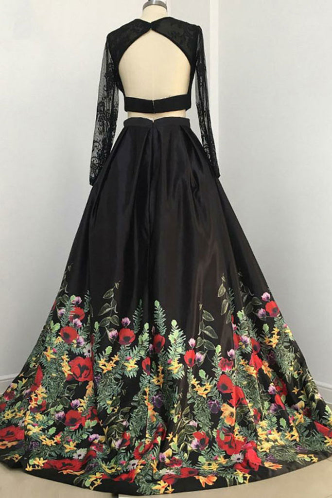 Two Piece Black Long Sleeve Formal Dresses with Appliques Long Prom Dresses with Lace N1400