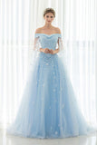 Light Sky Blue Off-the-shoulder Sweep Train Tulle Prom Dress with Appliques  N1253