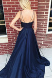 Dark Blue Spaghetti Strap Long Satin Evening Dresses Long Sleeveless Split Prom Dresses N1135
