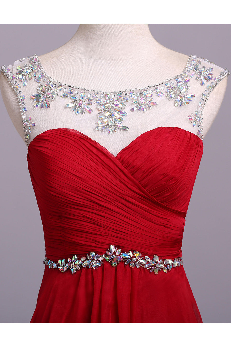 Red Floor Length Chiffon Prom Dresses with Crystals A Line Pleated Evening Dresses N1197