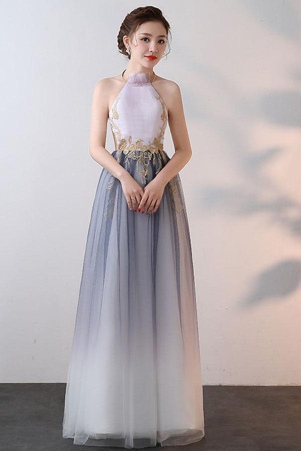 A Line Halter Tulle Prom Dresses With Applique Ombre Sexy Backless Formal Dresses N1139
